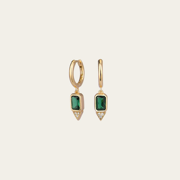 Gold Huggie Earrings Green Emerald Stone - By Eda Dogan