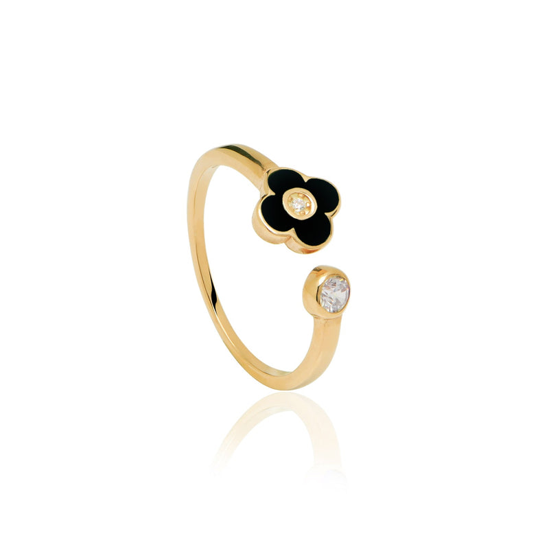 Enamel Black Flower Claw Ring