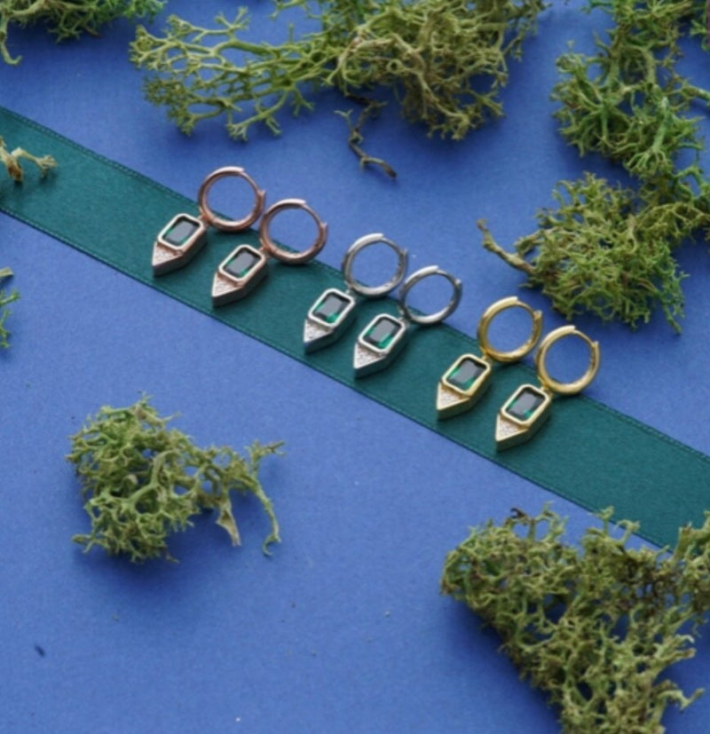 Gold Huggie Earrings Green Emerald Stone